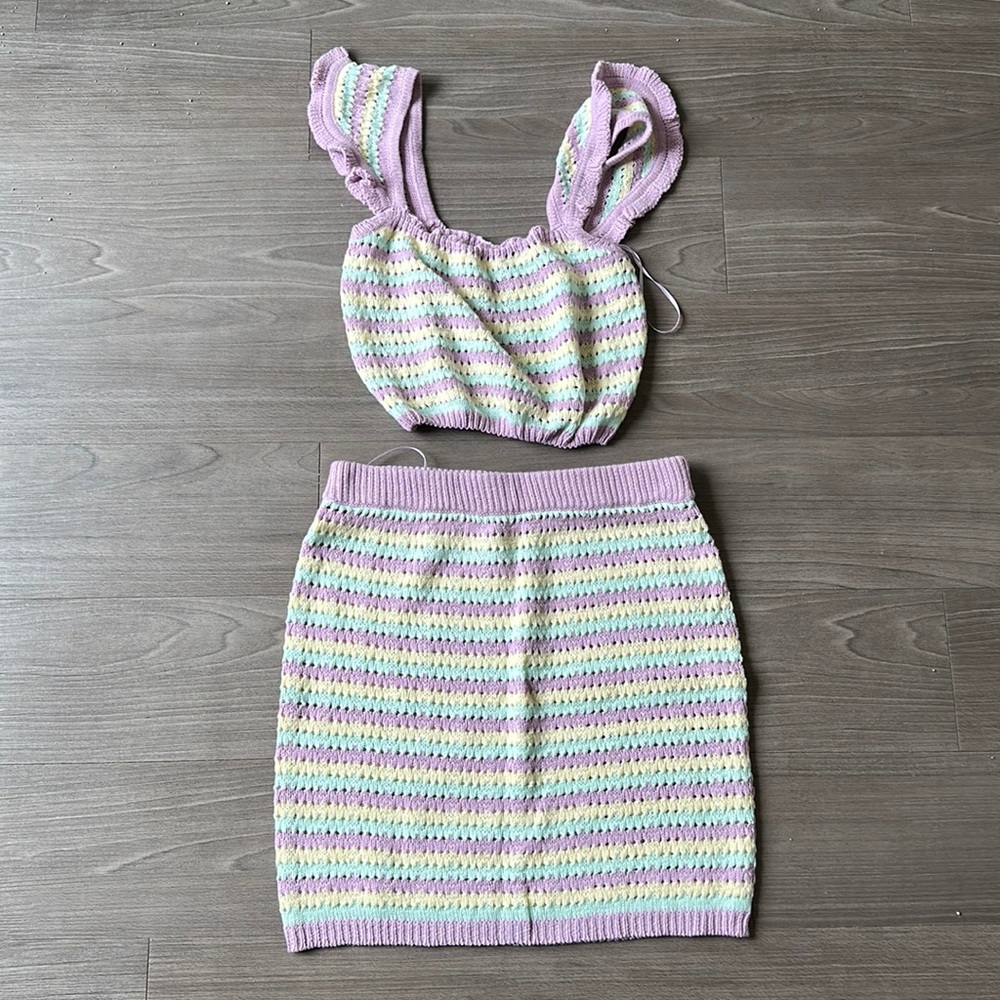 Blue Blush Pastel Pink, Yellow & Mint Crochet Two-Piece Skirt Set